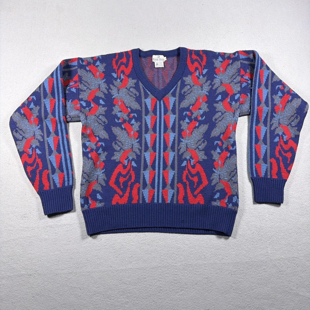 Vintage Neiman Marcus Sweater Mens Large Blue Wool V Neck Graphic Knit 80s